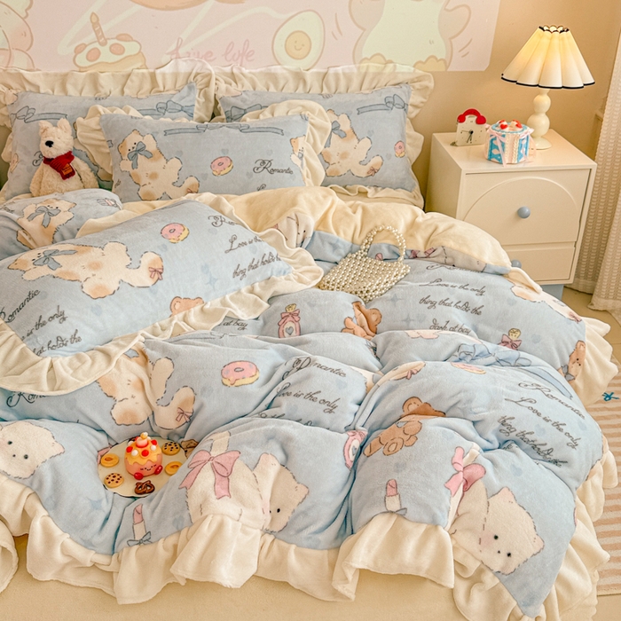 91家纺网 家纺一手货源 找家纺 （总）芯贝儿 2025款加厚小清新花边牛奶绒卡通四件套