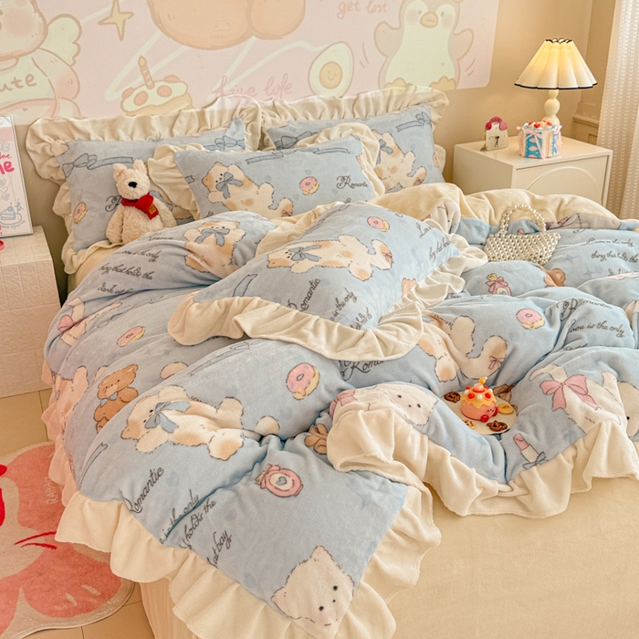 91家纺网 家纺一手货源 找家纺 （总）芯贝儿 2025款加厚小清新花边牛奶绒卡通四件套