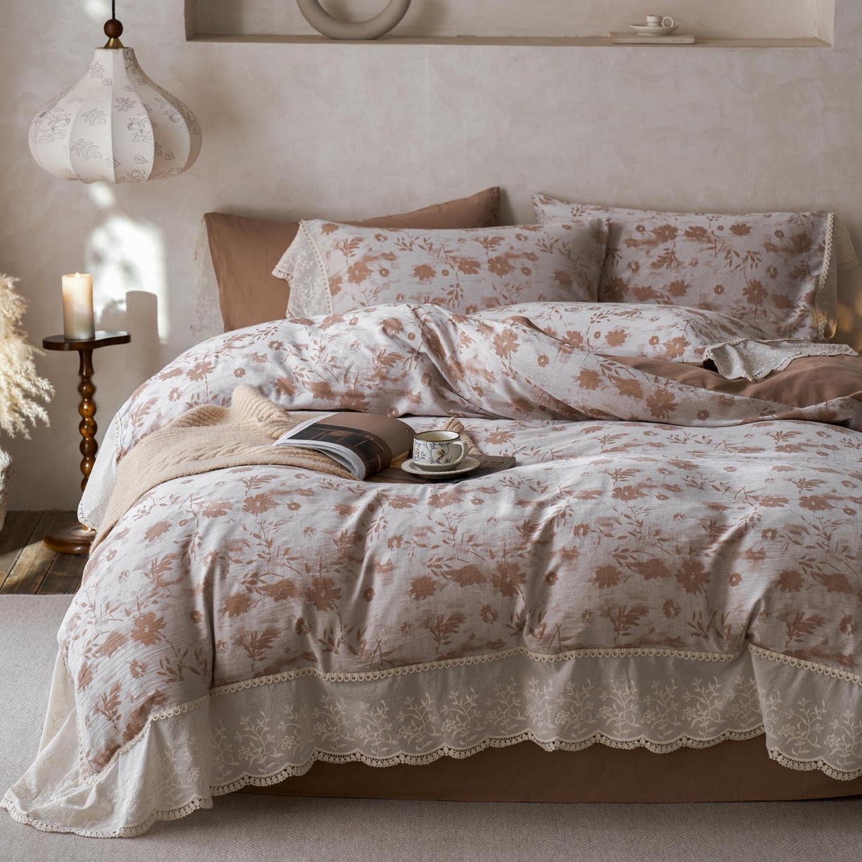 涵宸家纺 2025新款A类全棉磨毛色织提花花边四件套 墨菡-咖