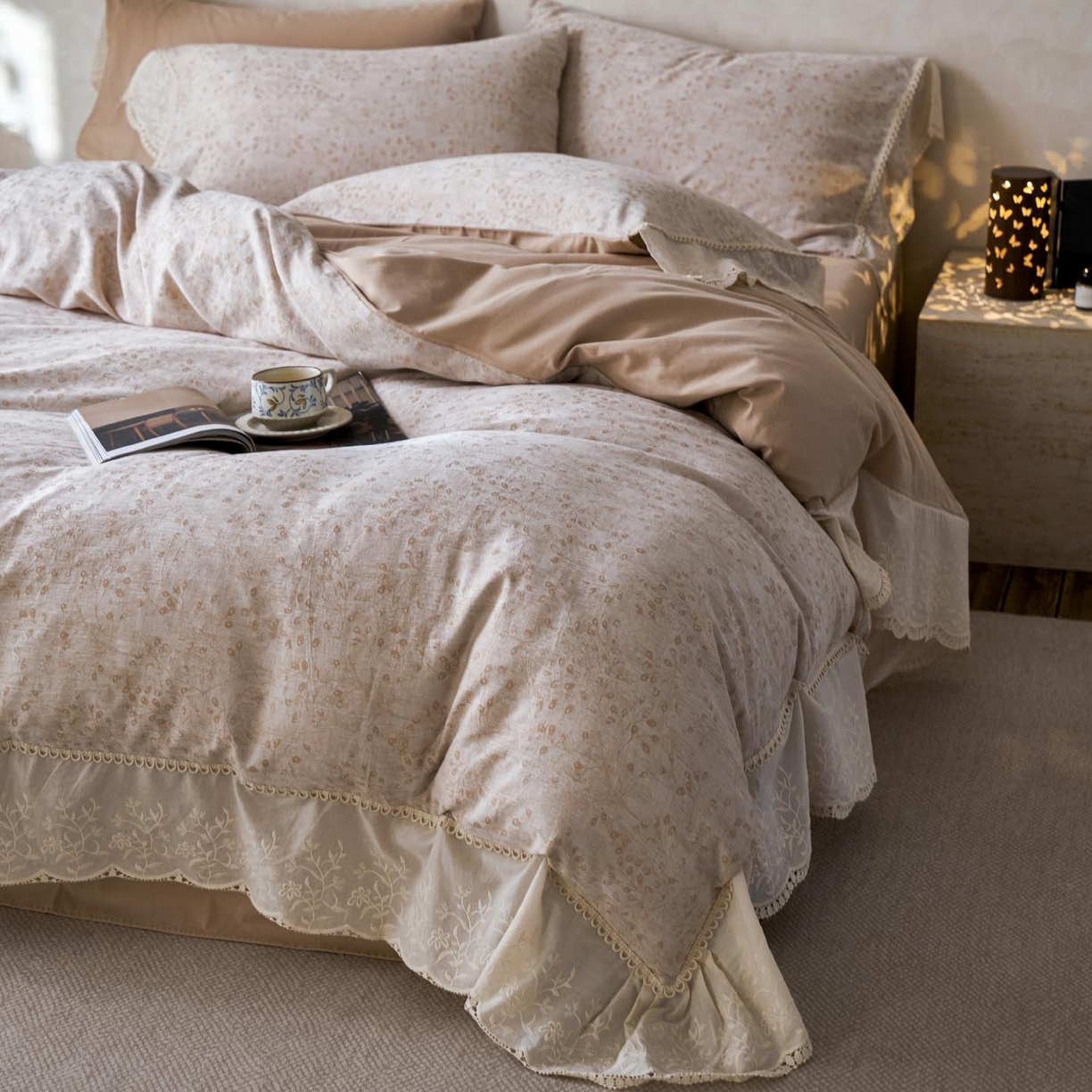 91家纺网 家纺一手货源 找家纺 涵宸家纺 2025新款A类全棉磨毛色织提花花边四件套 云壑深