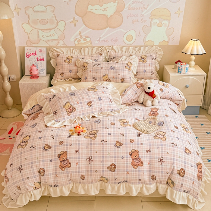芯贝儿 2025款加厚小清新花边牛奶绒卡通四件套 Q萌小熊