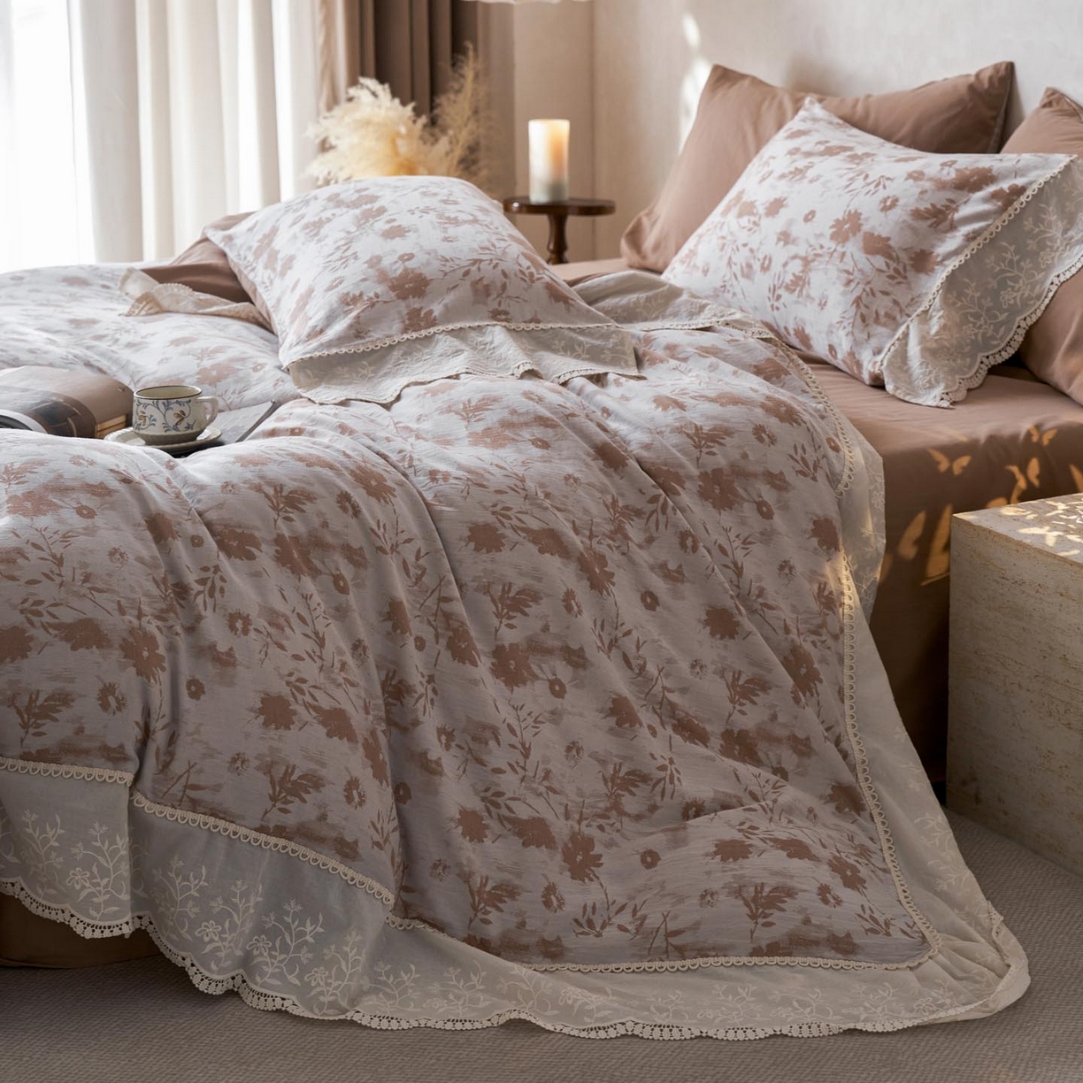 91家纺网 家纺一手货源 找家纺 涵宸家纺 2025新款A类全棉磨毛色织提花花边四件套 墨菡-咖