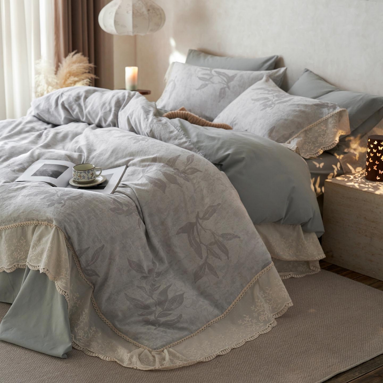 91家纺网 家纺一手货源 找家纺 涵宸家纺 2025新款A类全棉磨毛色织提花花边四件套 隐序曲