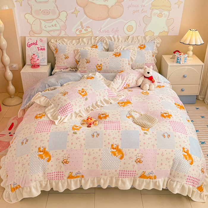 芯贝儿 2025款加厚小清新花边牛奶绒卡通四件套 花园狗