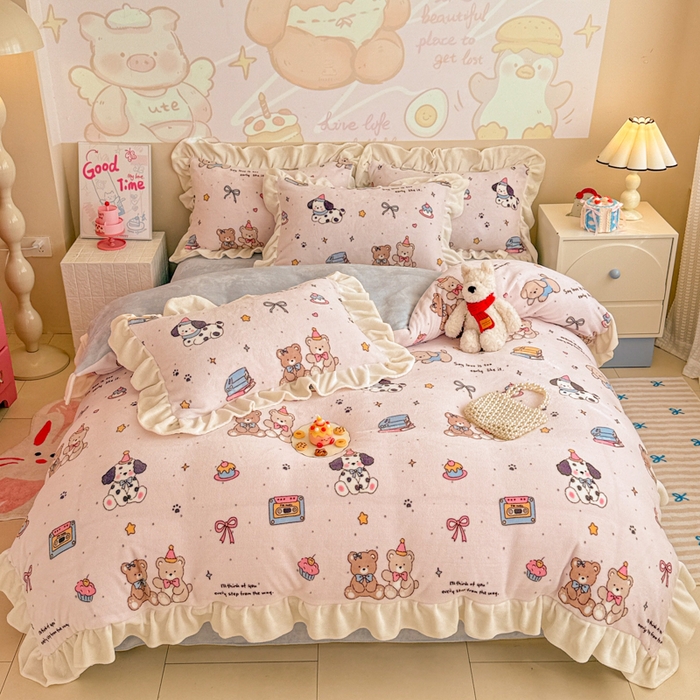 芯贝儿 2025款加厚小清新花边牛奶绒卡通四件套 萌宠派对