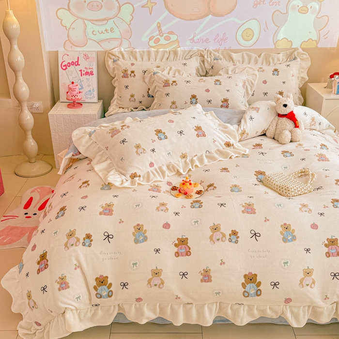 芯贝儿 2025款加厚小清新花边牛奶绒卡通四件套 南瓜抱抱熊