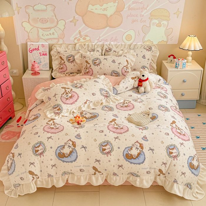 芯贝儿 2025款加厚小清新花边牛奶绒卡通四件套 甜心猫咪