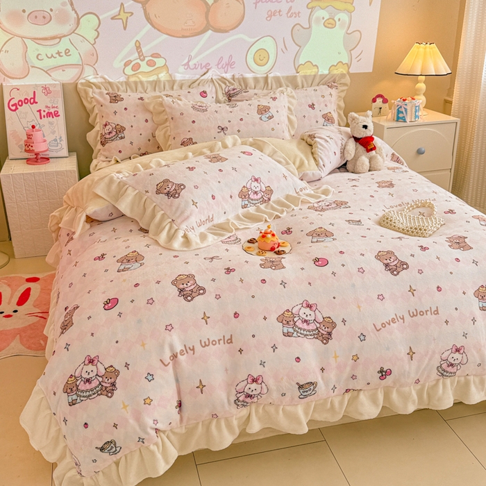 91家纺网 家纺一手货源 找家纺 芯贝儿 2025款加厚小清新花边牛奶绒卡通四件套 星星宠物