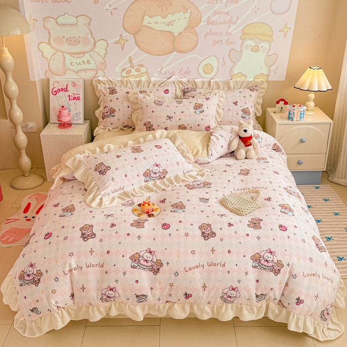 芯贝儿 2025款加厚小清新花边牛奶绒卡通四件套 星星宠物