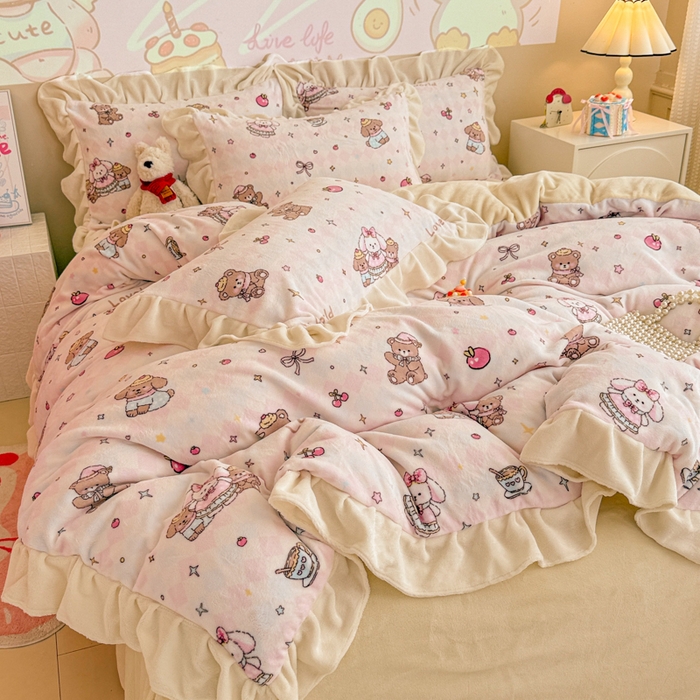 91家纺网 家纺一手货源 找家纺 芯贝儿 2025款加厚小清新花边牛奶绒卡通四件套 星星宠物