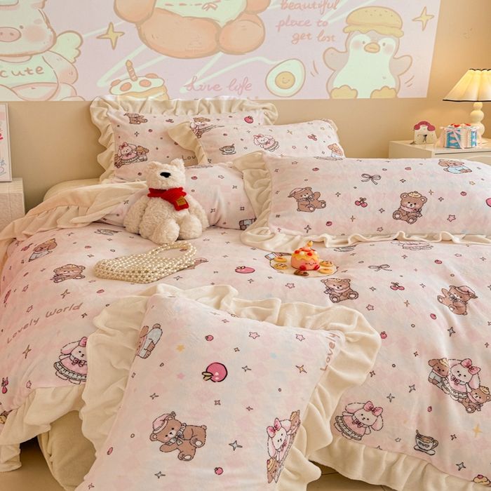 91家纺网 家纺一手货源 找家纺 芯贝儿 2025款加厚小清新花边牛奶绒卡通四件套 星星宠物