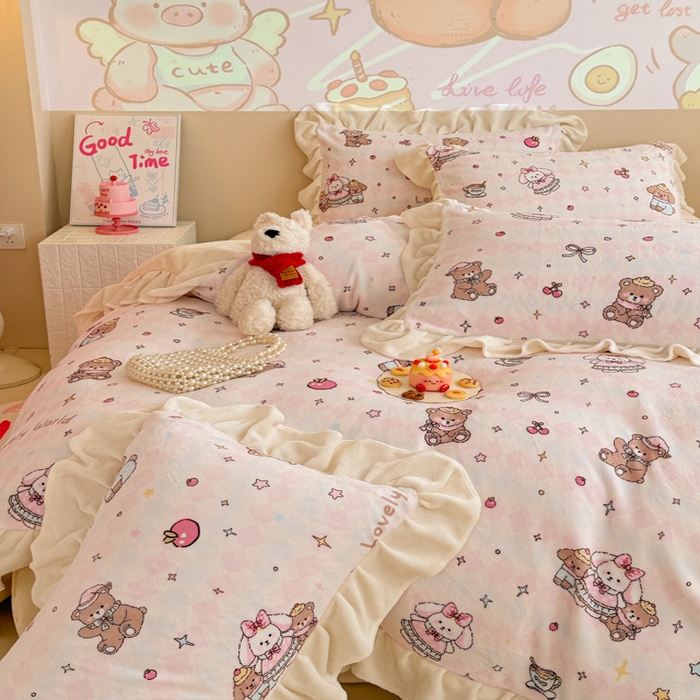 91家纺网 家纺一手货源 找家纺 芯贝儿 2025款加厚小清新花边牛奶绒卡通四件套 星星宠物