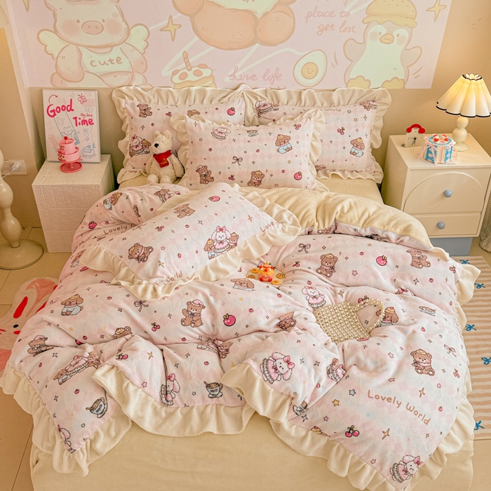 91家纺网 家纺一手货源 找家纺 芯贝儿 2025款加厚小清新花边牛奶绒卡通四件套 星星宠物