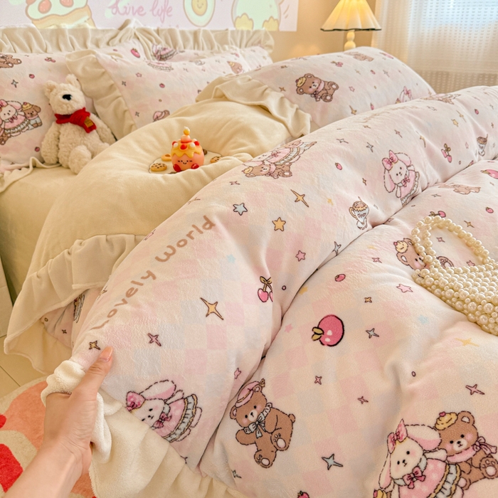 91家纺网 家纺一手货源 找家纺 芯贝儿 2025款加厚小清新花边牛奶绒卡通四件套 星星宠物