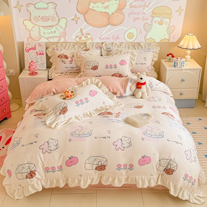 芯贝儿 2025款加厚小清新花边牛奶绒卡通四件套 周末宠物园