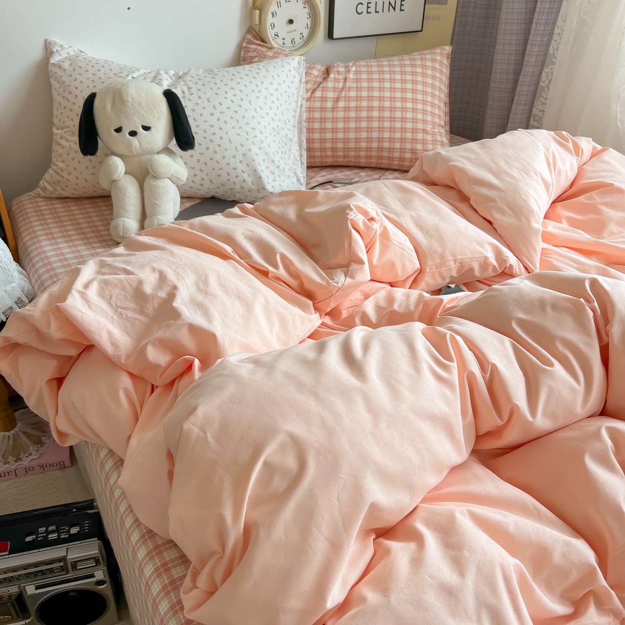 91家纺网 家纺一手货源 找家纺 对白 2025新款混搭全棉纯棉色织水洗棉四件套-西西里 西西里-黛粉（枕套黛粉）