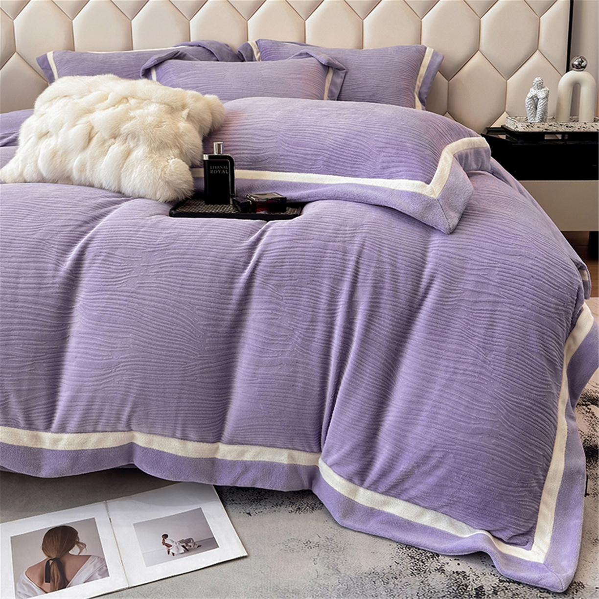 91家纺网 家纺一手货源 找家纺 家居1号家纺 2025新款230克全消光瑞丽牛奶绒烂花四件套（控价标准258加大278 会员优惠10元） 瑞丽-优雅紫