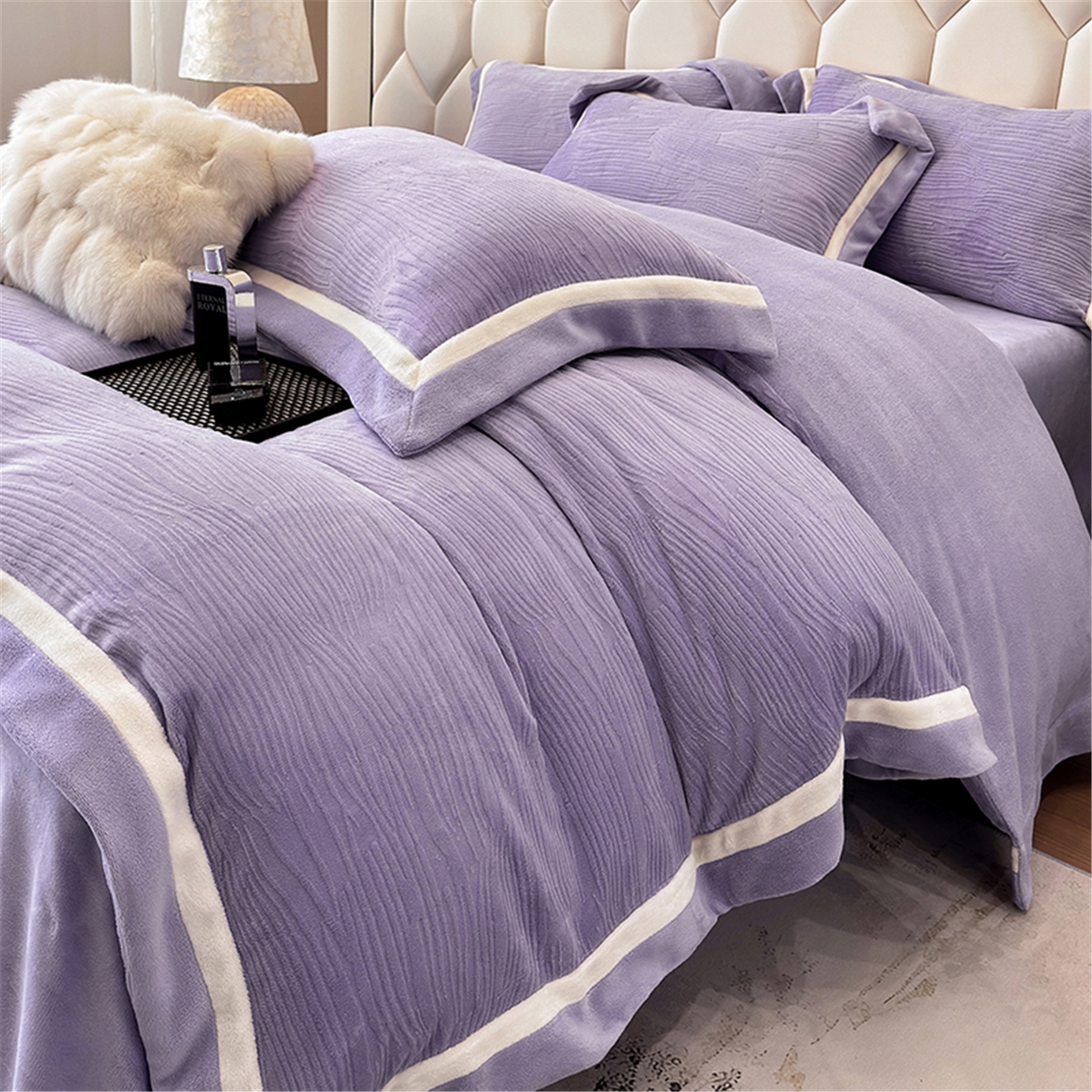 91家纺网 家纺一手货源 找家纺 家居1号家纺 2025新款230克全消光瑞丽牛奶绒烂花四件套（控价标准258加大278 会员优惠10元） 瑞丽-优雅紫