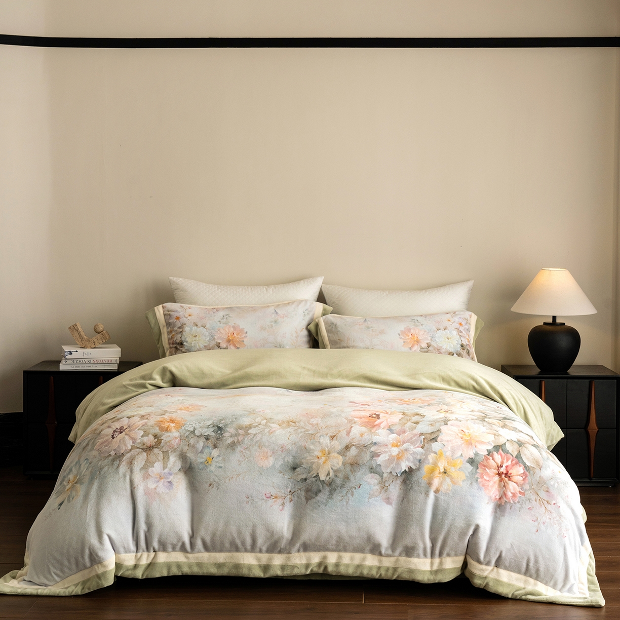 佳汐蓝家纺 2025新款全消光牛奶绒数码印花四件套-沁园春系列 沁园春-绿