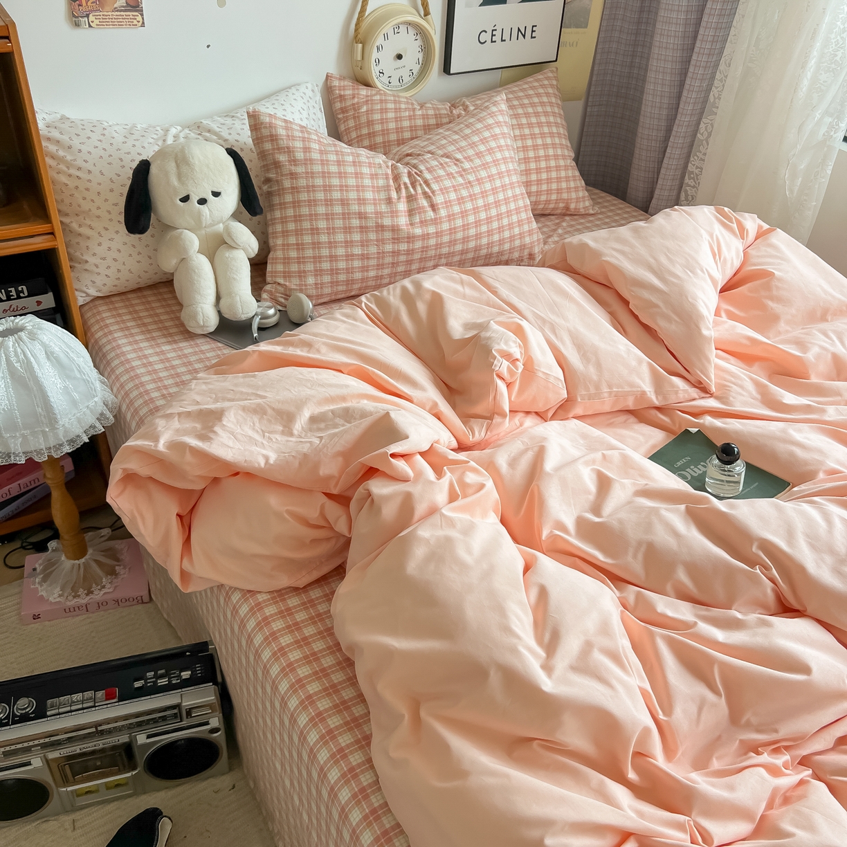 91家纺网 家纺一手货源 找家纺 对白 2025新款混搭全棉纯棉色织水洗棉四件套-西西里 西西里-黛粉（枕套格子）