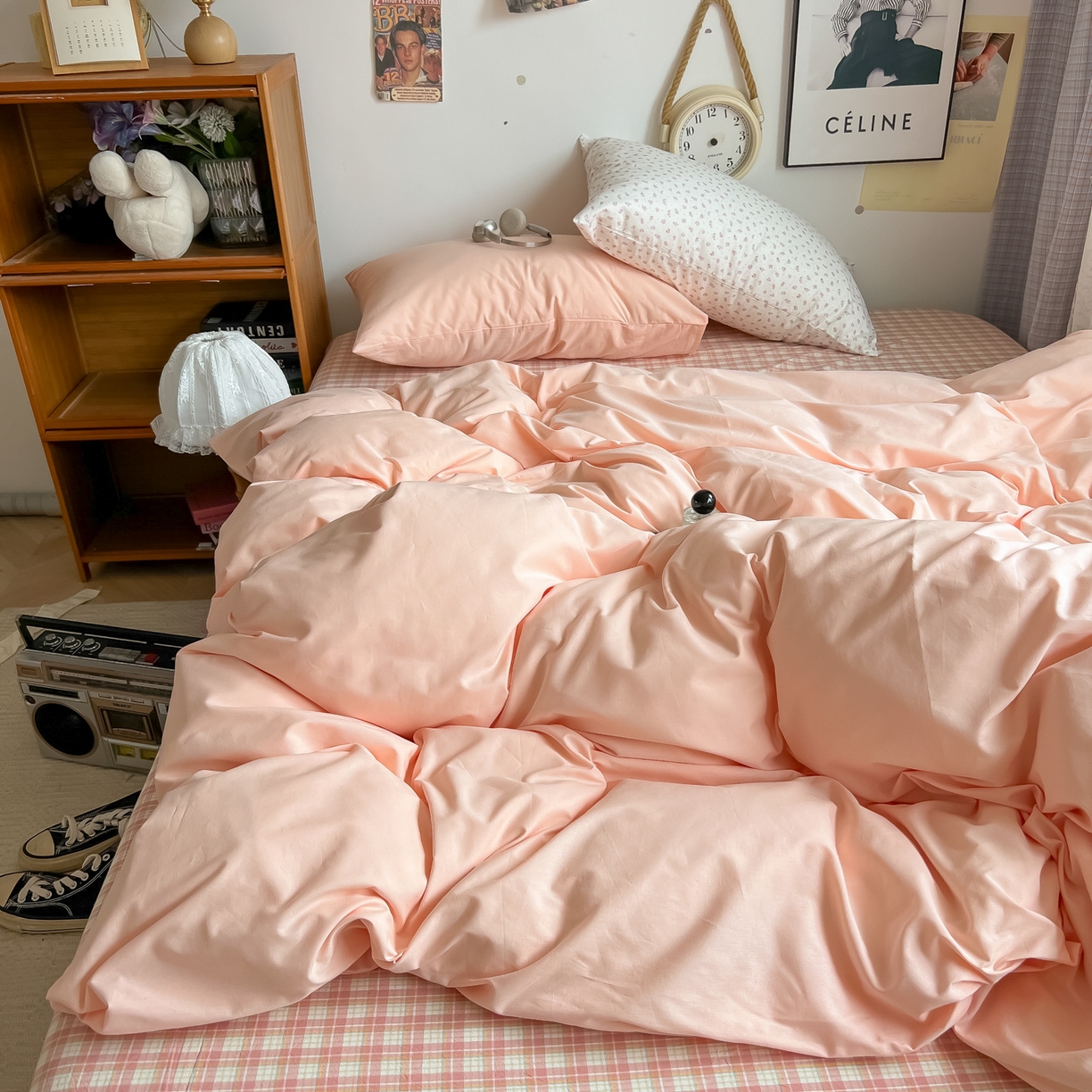 91家纺网 家纺一手货源 找家纺 对白 2025新款混搭全棉纯棉色织水洗棉四件套-西西里 西西里-黛粉（枕套格子）