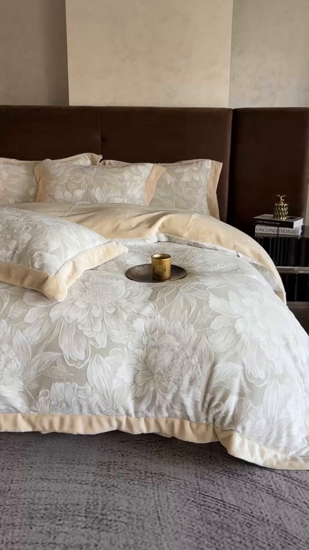 91家纺网 家纺一手货源 找家纺 佳汐蓝家纺 2025新款雕花绒四件套毯子-芳华系列 芳华-灰绿