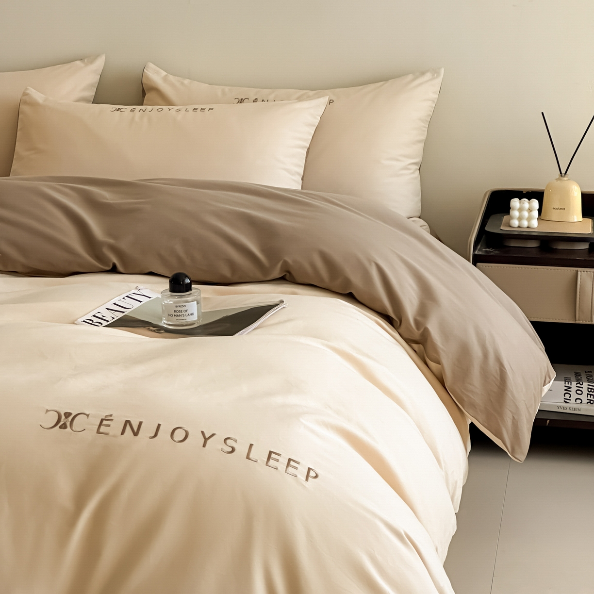 91家纺网 家纺一手货源 找家纺 拼社家纺 2025秋冬A类全棉加厚磨毛四件套刺绣纯棉不掉毛四件套-缪斯（提供买家秀） 缪斯-星月米+亚麻咖