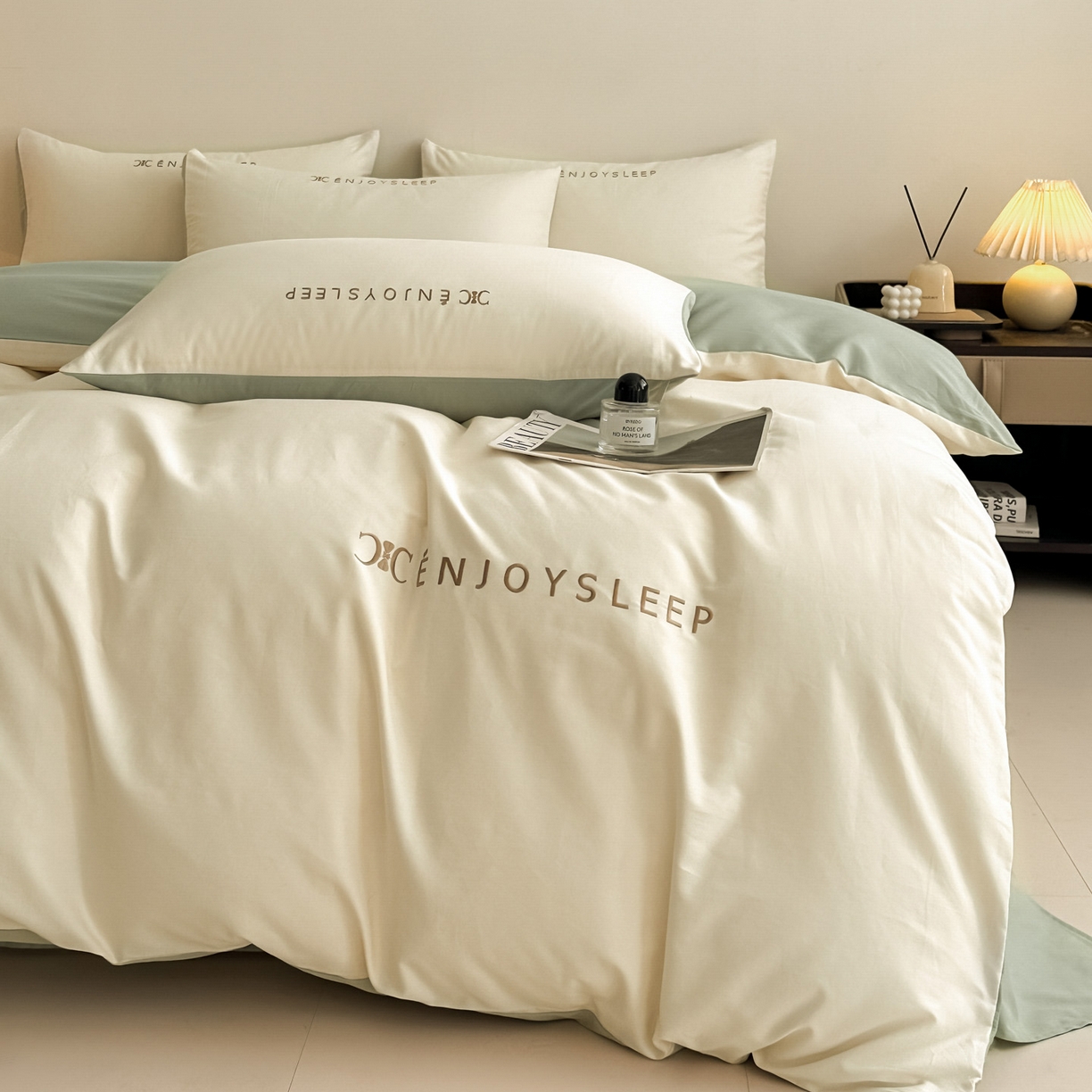 91家纺网 家纺一手货源 找家纺 拼社家纺 2025秋冬A类全棉加厚磨毛四件套刺绣纯棉不掉毛四件套-缪斯（提供买家秀） 缪斯-奶酪黄+抹茶绿