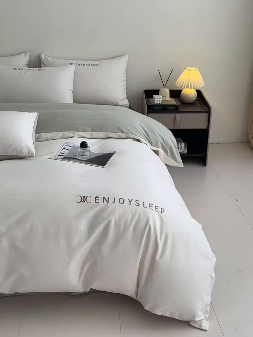 91家纺网 家纺一手货源 找家纺 拼社家纺 2025秋冬A类全棉加厚磨毛四件套刺绣纯棉不掉毛四件套-缪斯（提供买家秀） 缪斯-奶酪黄+抹茶绿