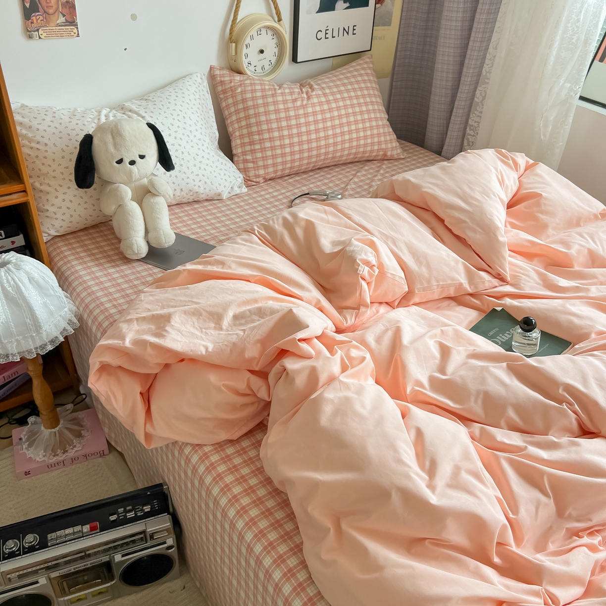 91家纺网 家纺一手货源 找家纺 对白 2025新款混搭全棉纯棉色织水洗棉四件套-西西里 西西里-黛粉（枕套小花）