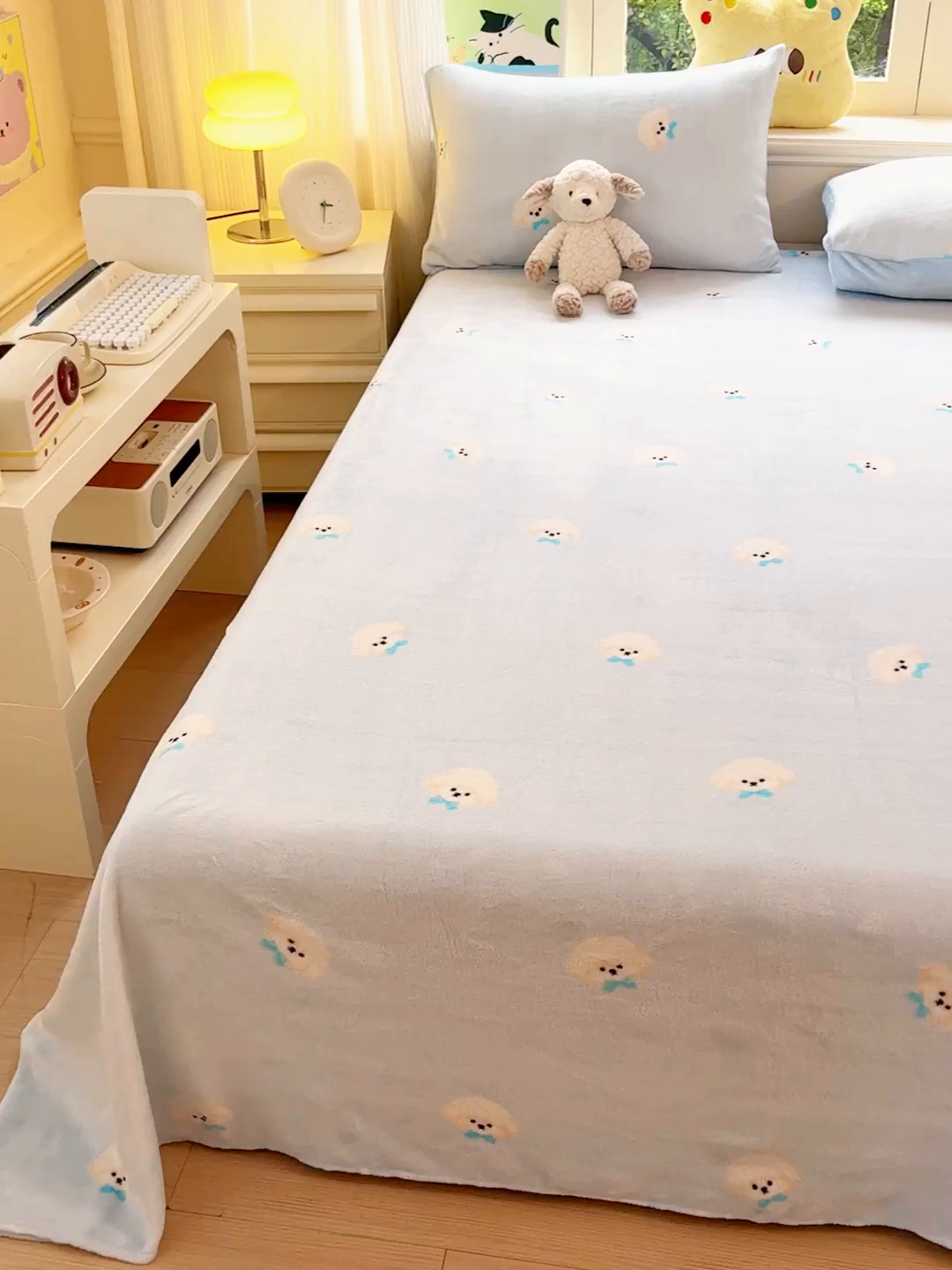 91家纺网 家纺一手货源 找家纺 澜妃 2025新款高克重软软糯糯牛奶绒单床单CD系列（小红书推荐） CD-绒绒小狗蓝