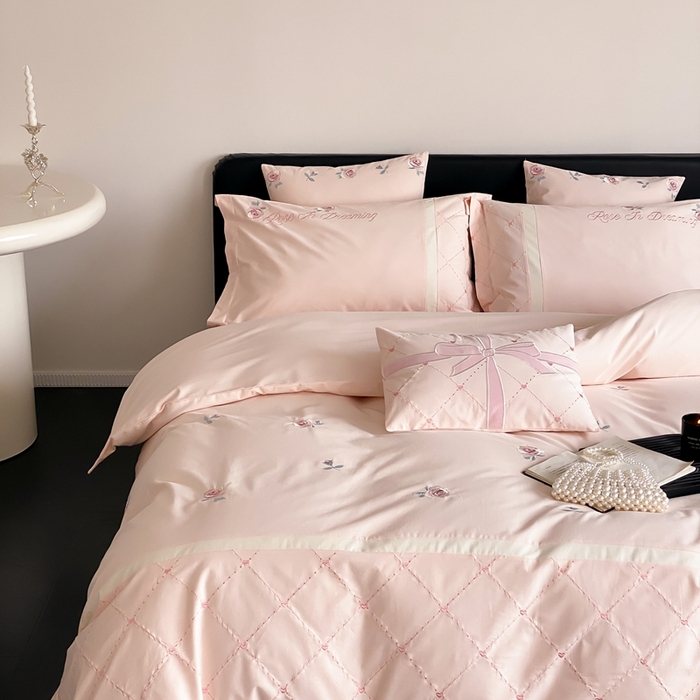 曼布缇 2025新款加厚全棉磨毛绣花款四件套-俏佳人 俏佳人-粉