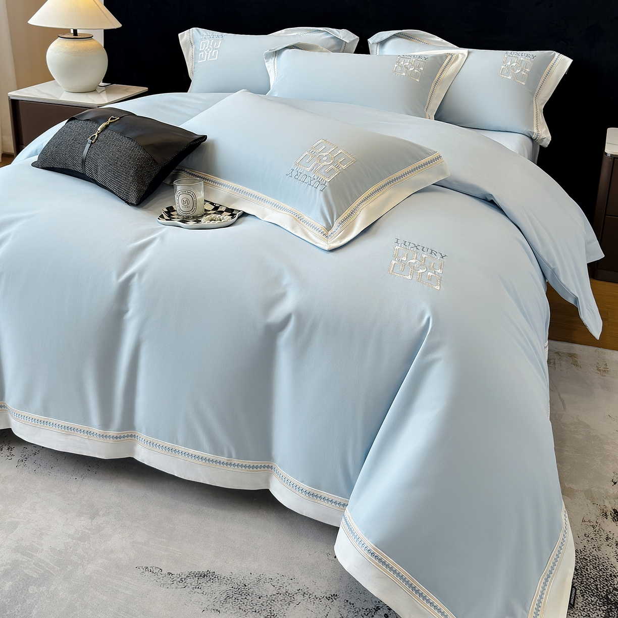 91家纺网 家纺一手货源 找家纺 家居1号家纺 2025新款超细旦全棉磨毛四件套-梵西（控价标准288加大308 会员优惠10元） 梵西-晴蓝