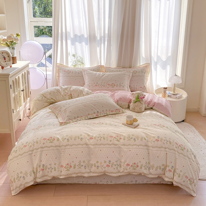 91家纺网 家纺一手货源 找家纺 凌鼎 2025新款多规格掉边13070全棉四件套粉色恋歌