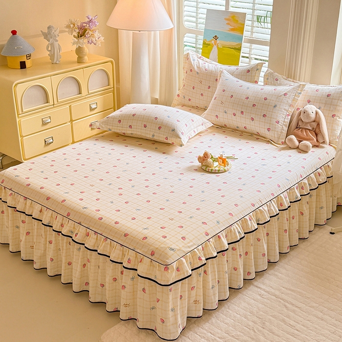 91家纺网 家纺一手货源 找家纺 （总）优家居 2025新品水洗棉床裙单件三件套韩版水洗皱皱纱床罩直播爆款-单床裙