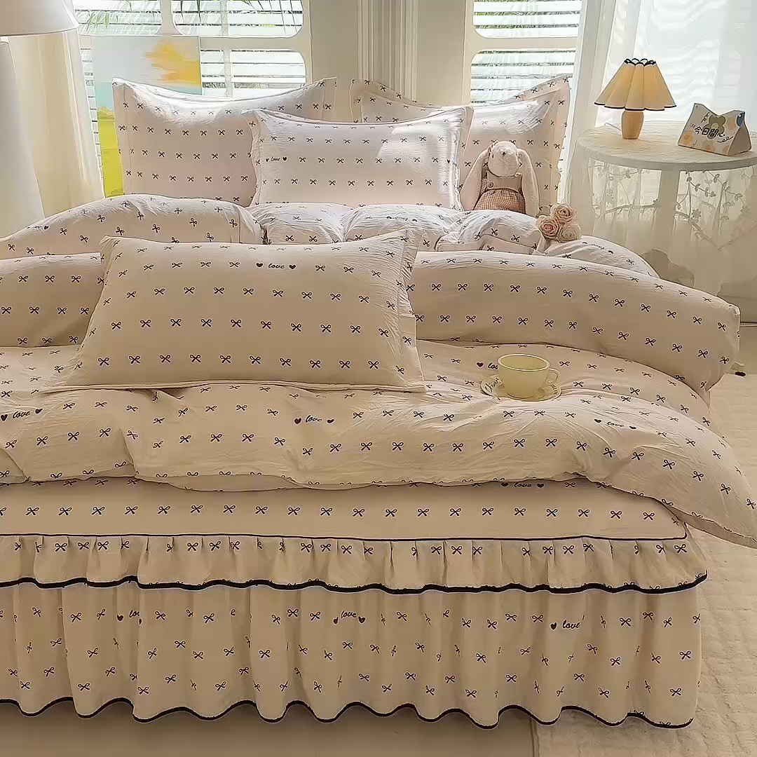 91家纺网 家纺一手货源 找家纺 （总）优家居 2025新品水洗棉床裙单件三件套韩版水洗皱皱纱床罩直播爆款-单床裙