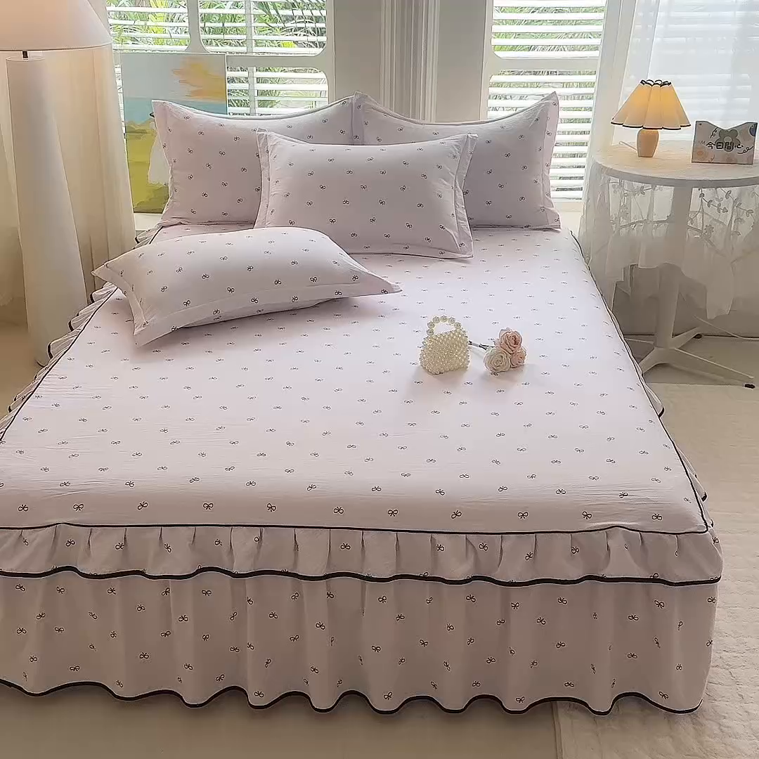 91家纺网 家纺一手货源 找家纺 （总）优家居 2025新品水洗棉床裙单件三件套韩版水洗皱皱纱床罩直播爆款-单床裙