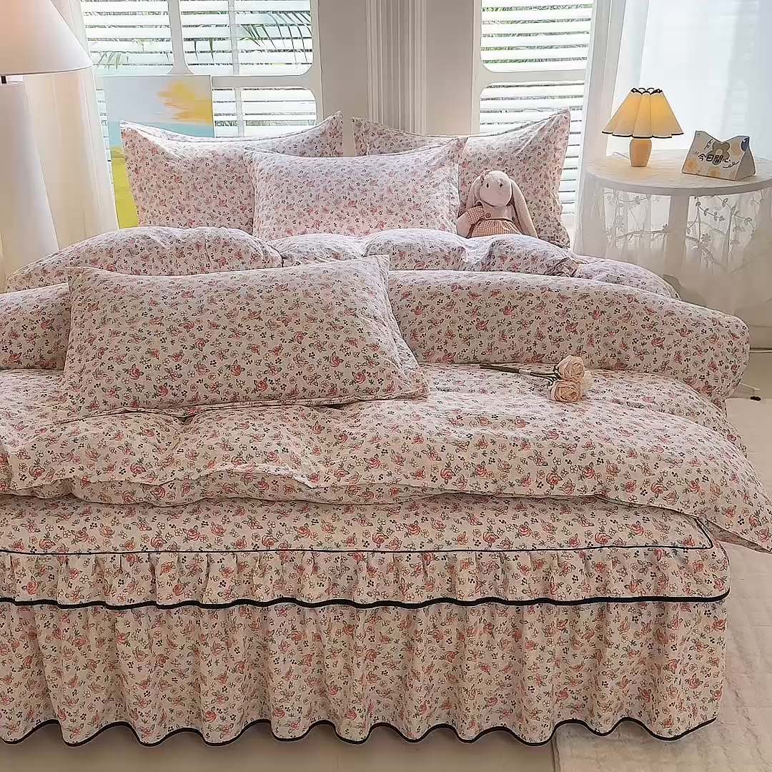 91家纺网 家纺一手货源 找家纺 （总）优家居 2025新品水洗棉床裙单件三件套韩版水洗皱皱纱床罩直播爆款-单床裙