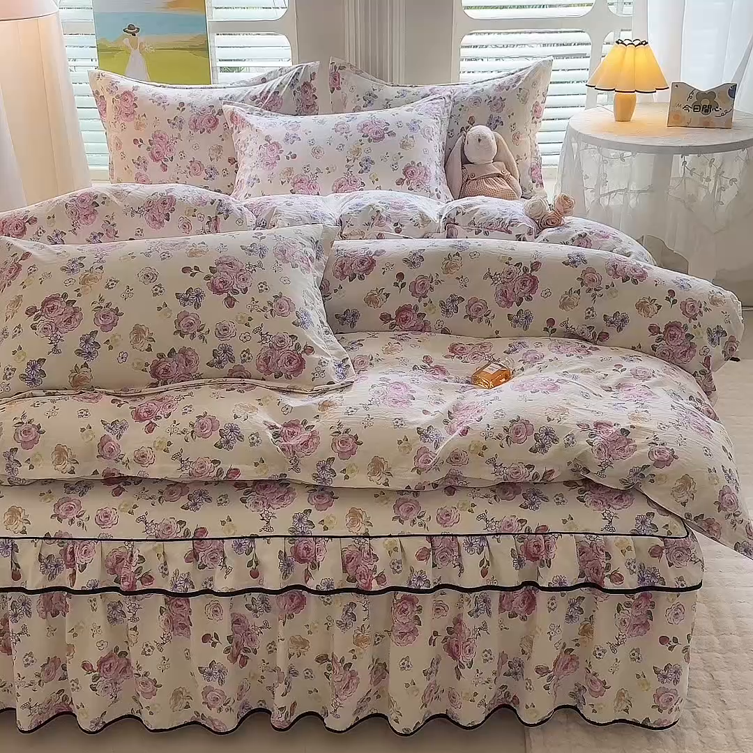 91家纺网 家纺一手货源 找家纺 （总）优家居 2025新品水洗棉床裙单件三件套韩版水洗皱皱纱床罩直播爆款-单床裙