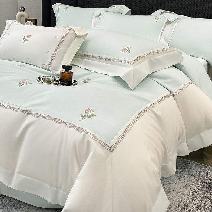 91家纺网 家纺一手货源 找家纺 丞音家纺 2025新款秋冬新款轻奢超细旦长绒棉细磨毛超柔加厚刺绣四件套纯棉全棉床单绣花床品床笠-艾薇尔系列 艾薇尔-心冰绿