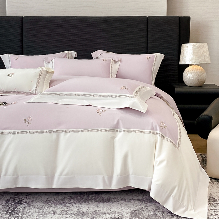 91家纺网 家纺一手货源 找家纺 （总）丞音 2025新款法式轻奢A类长绒棉50s双股100支贡缎全棉被套纯棉四件套床笠高档礼盒包装-丽芙系列