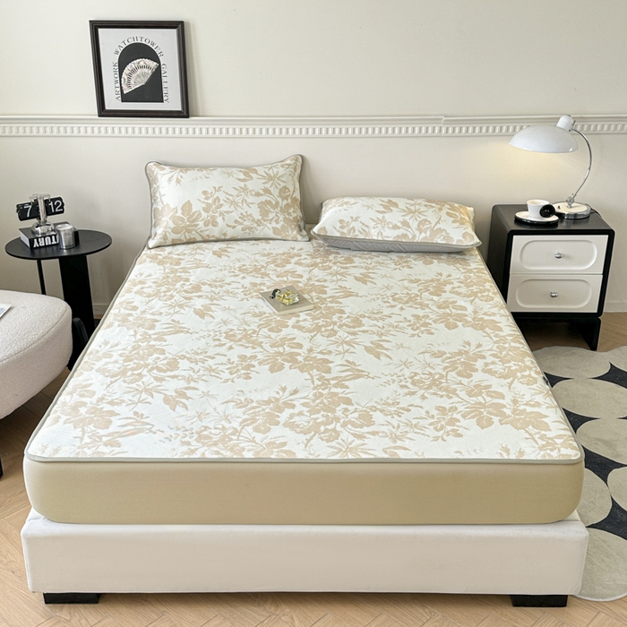 91家纺网 家纺一手货源 找家纺 宜代光年 2025新款数码印花冰藤席 床笠-冰藤繁花 咖