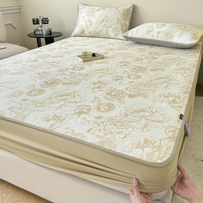 91家纺网 家纺一手货源 找家纺 宜代光年 2025新款数码印花冰藤席 床笠 冰藤牡丹 咖