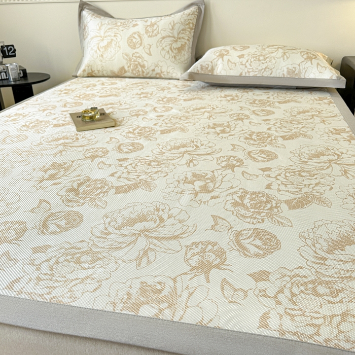 91家纺网 家纺一手货源 找家纺 宜代光年 2025新款数码印花冰藤席 床席-冰藤牡丹 咖