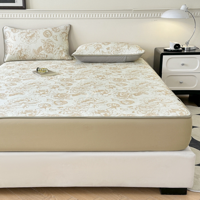 91家纺网 家纺一手货源 找家纺 宜代光年 2025新款数码印花冰藤席 床笠 冰藤牡丹 咖