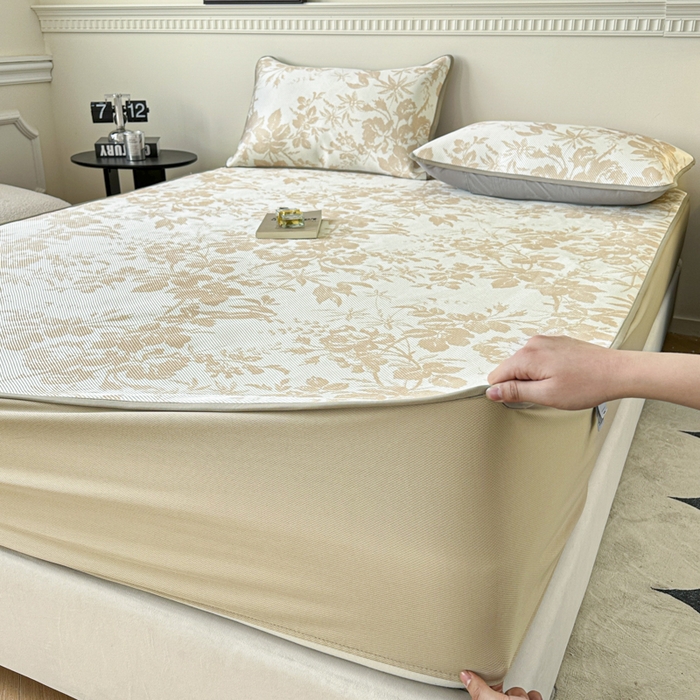 91家纺网 家纺一手货源 找家纺 宜代光年 2025新款数码印花冰藤席 床笠-冰藤繁花 咖