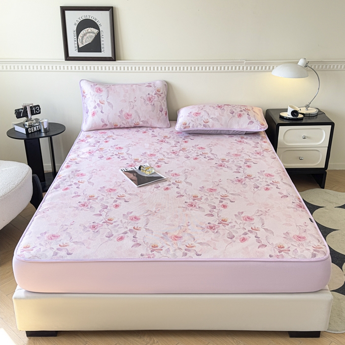 91家纺网 家纺一手货源 找家纺 宜代光年 2025新款数码印花冰藤席 床笠-冰藤玉琼枝 粉