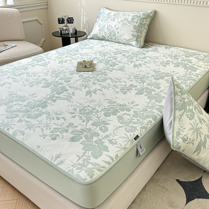 91家纺网 家纺一手货源 找家纺 宜代光年 2025新款数码印花冰藤席 床笠-冰藤繁花 绿