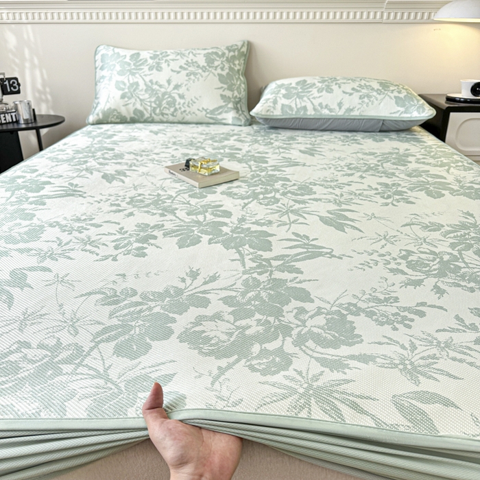 91家纺网 家纺一手货源 找家纺 宜代光年 2025新款数码印花冰藤席 床笠-冰藤繁花 绿