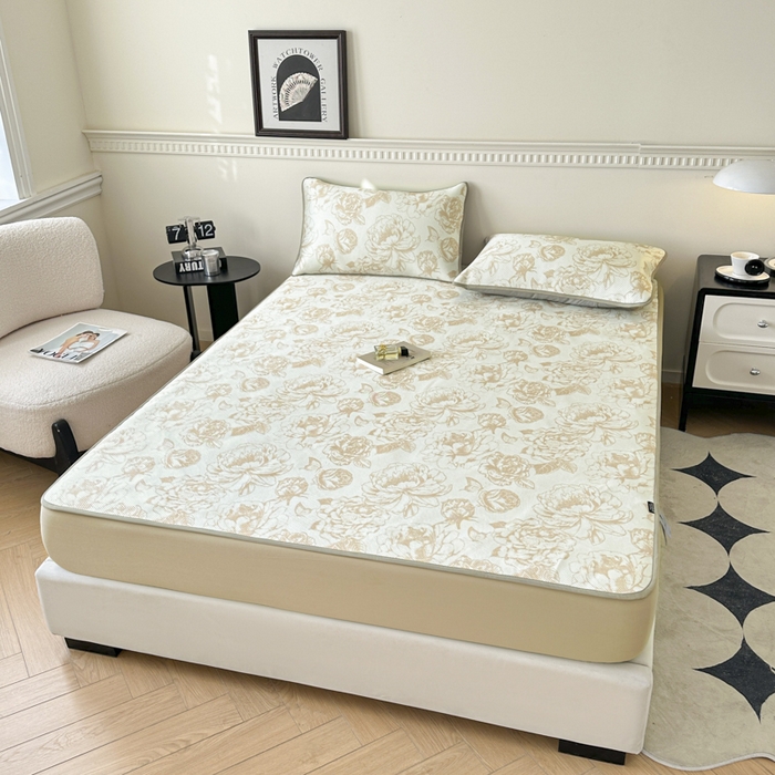 91家纺网 家纺一手货源 找家纺 宜代光年 2025新款数码印花冰藤席 床笠 冰藤牡丹 咖